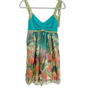 Black Halo Turquoise Watercolor Floral Silk Empire Waist Halter Dress Size 6